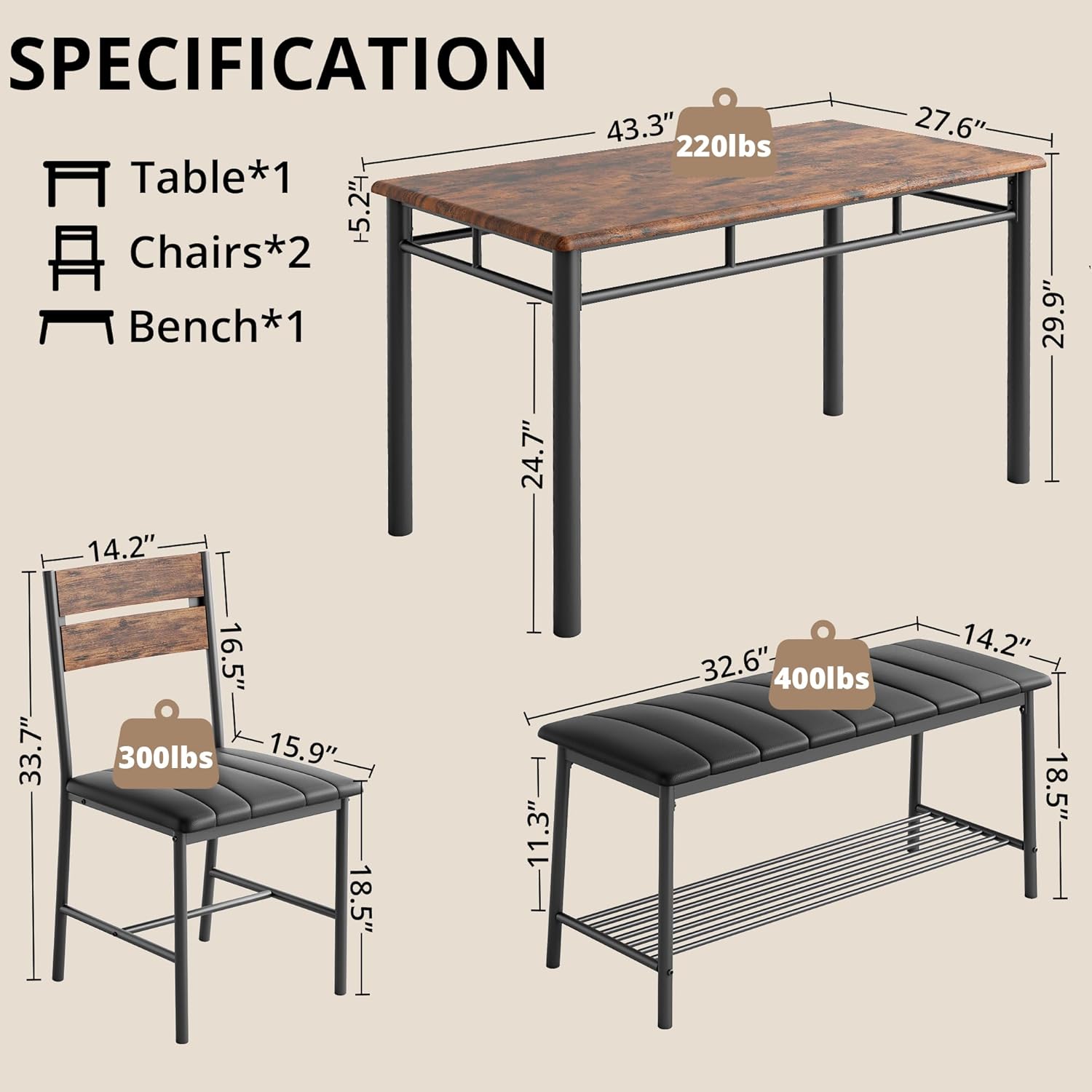 IRONCK Dining Table Set for 4, Kitchen Table with Upholstered Bench and 2 Chairs, Kitchen Table and Chairs Set for Small Space, Apartment, Rustic Brown