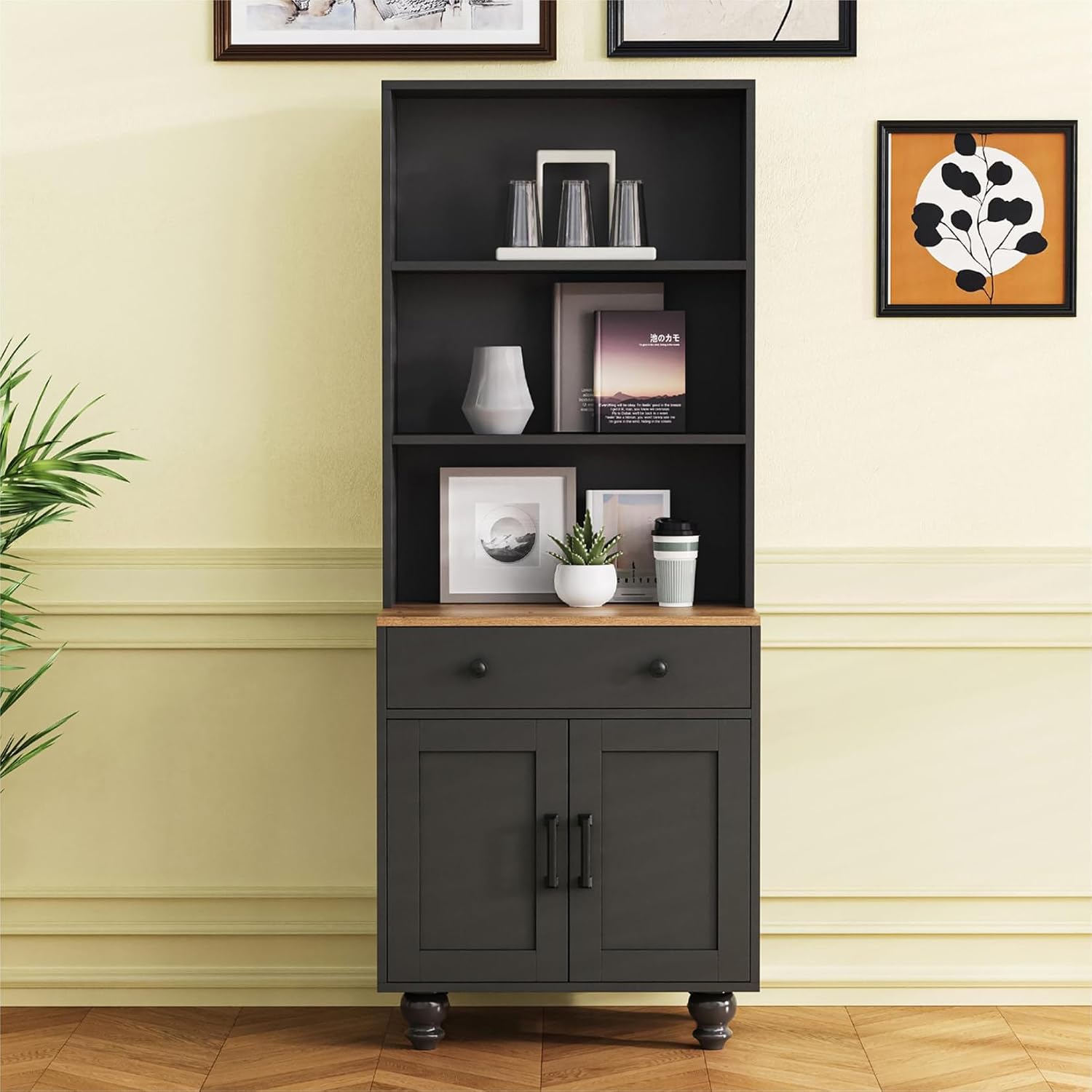Black Kitchen Hutch Storage Cabinet, 23.6" W Small Kitchen Pantry Cabinet with Microwave Stand Freestanding Kitchens Pantry Storage Cabinet with 2 Doors, 1 Drawer and 2 Shelves, Black
