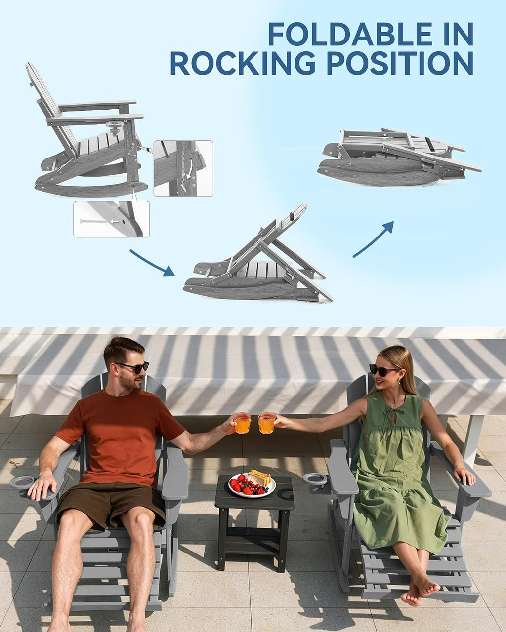 Adirondack Rocking Chair with Retractable Ottoman and Cup Holders, HDPE Adirondack 4-in-1 Multifunctional Rocker Patio Rocking Chair for Porch, Patio, Balcony, Leaden,Grey