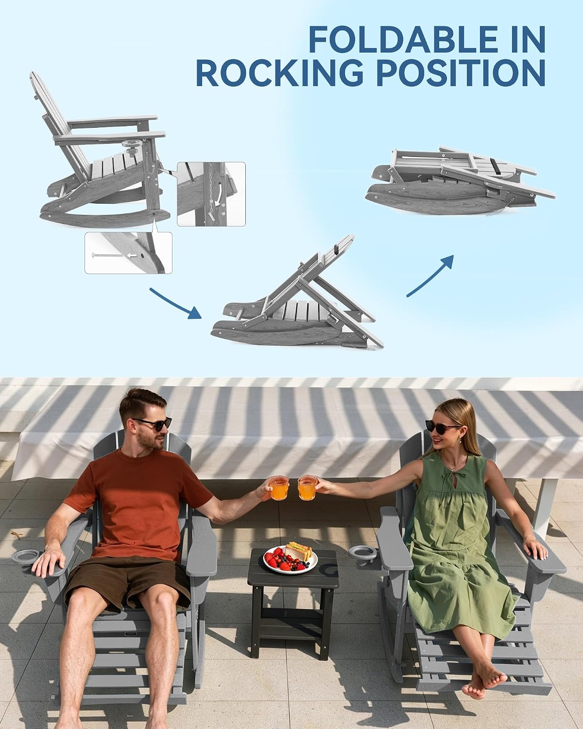 Adirondack Rocking Chair with Retractable Ottoman and Cup Holders, HDPE Adirondack 4-in-1 Multifunctional Rocker Patio Rocking Chair for Porch, Patio, Balcony, Leaden,Grey