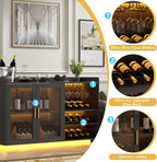 Loomie Wine Bar Cabinet with LED Lights, Floating Coffee Bar with Glass Rack and Removable Wine Racks, Modern Buffet Sideboard with Storage Shelves, Kithchen Bar with Glass Cabinet Doors, Black