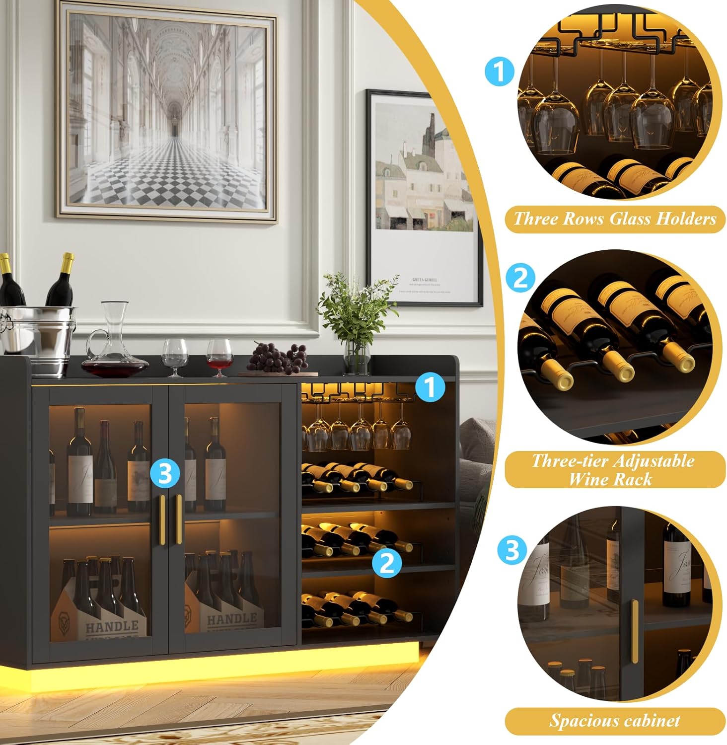 Loomie Wine Bar Cabinet with LED Lights, Floating Coffee Bar with Glass Rack and Removable Wine Racks, Modern Buffet Sideboard with Storage Shelves, Kithchen Bar with Glass Cabinet Doors, Black