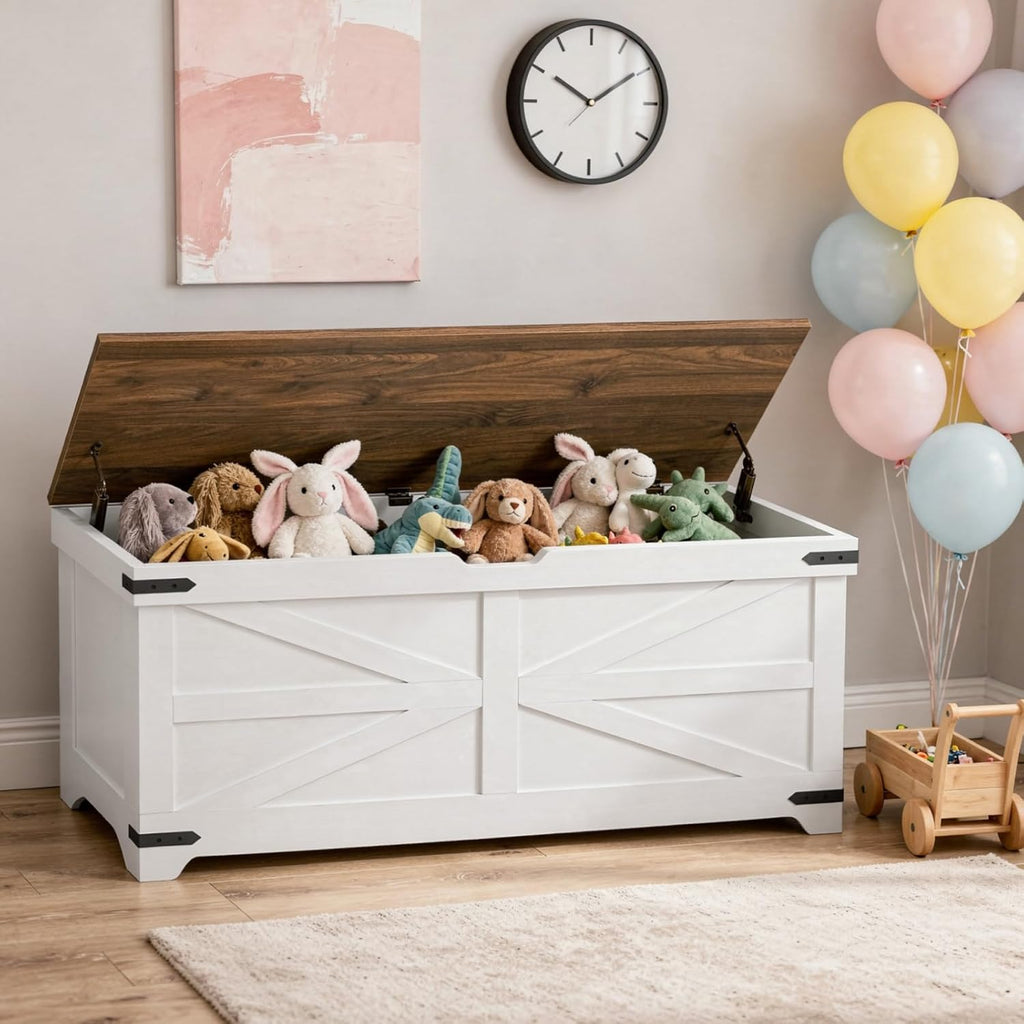 MAHANCRIS Large Toy Chest, 47.2" Wooden Toy Box with 2 Safety Hinges, Farmhouse Style Storage Bench, Blanket Storage Chest for Living Room, Entryway, Bedroom, White+Walnut SCBZ18601