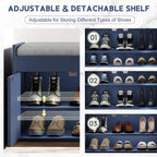 42.6" Entryway Shoe Storage Bench with Padded Seat, 3 Doors and Side Shelves, Lift Top Storage Bench for Shoes, Hallway, Bedroom, Living Room, Navy Blue