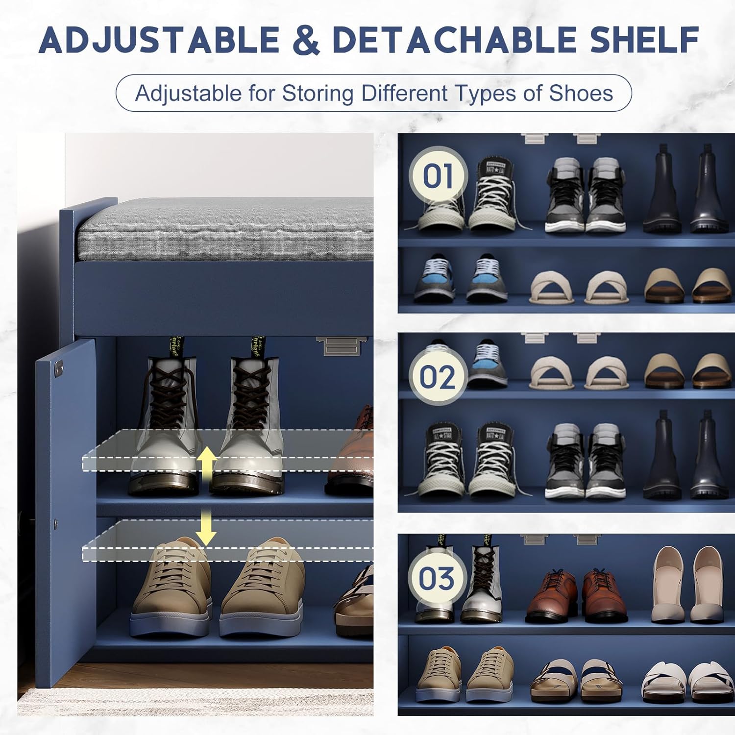 42.6" Entryway Shoe Storage Bench with Padded Seat, 3 Doors and Side Shelves, Lift Top Storage Bench for Shoes, Hallway, Bedroom, Living Room, Navy Blue