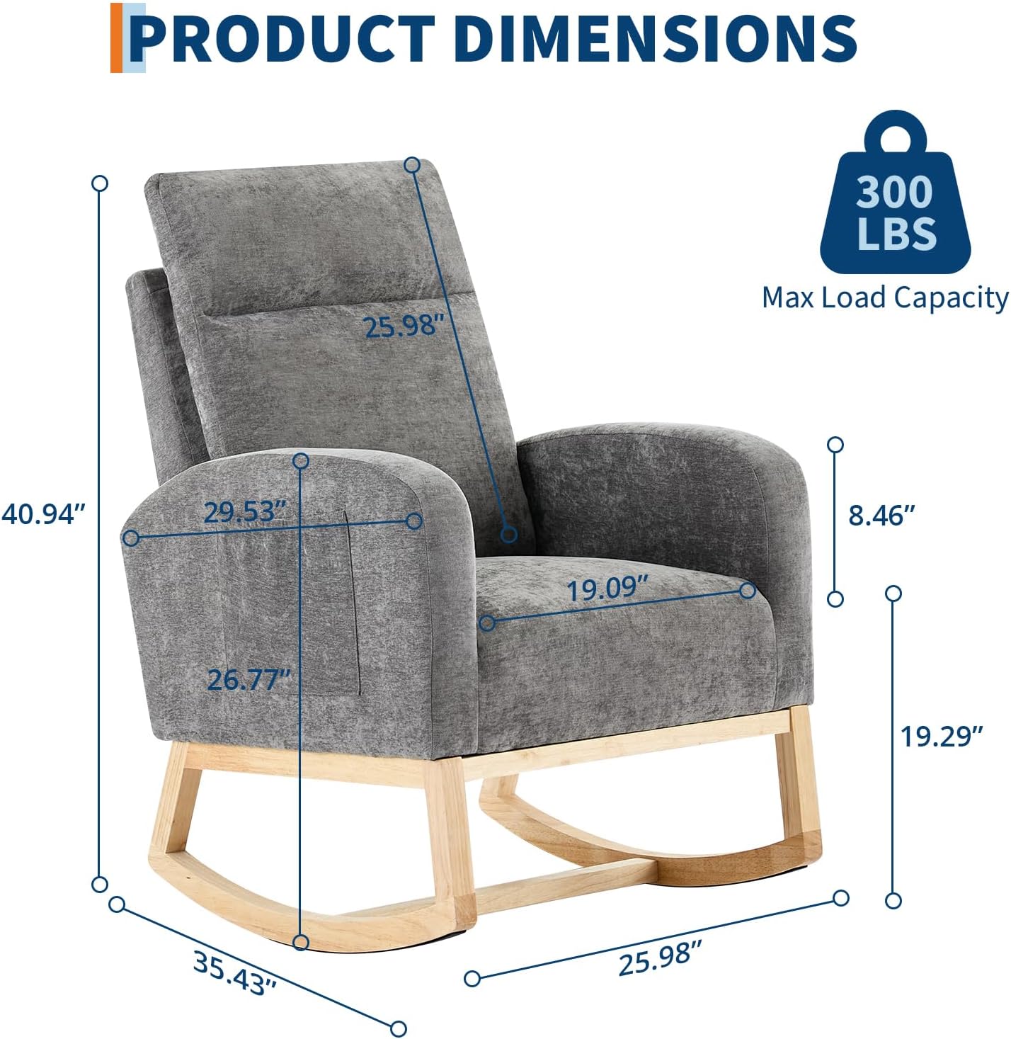 Nursery Rocking Chair, Comfy Modern Glider Rocking Chair with High Backrest and Armrest, Teddy Upholstered Rocking Accent Chair with Side Pockets for Living Room, Bedroom, Office,Dark Gray