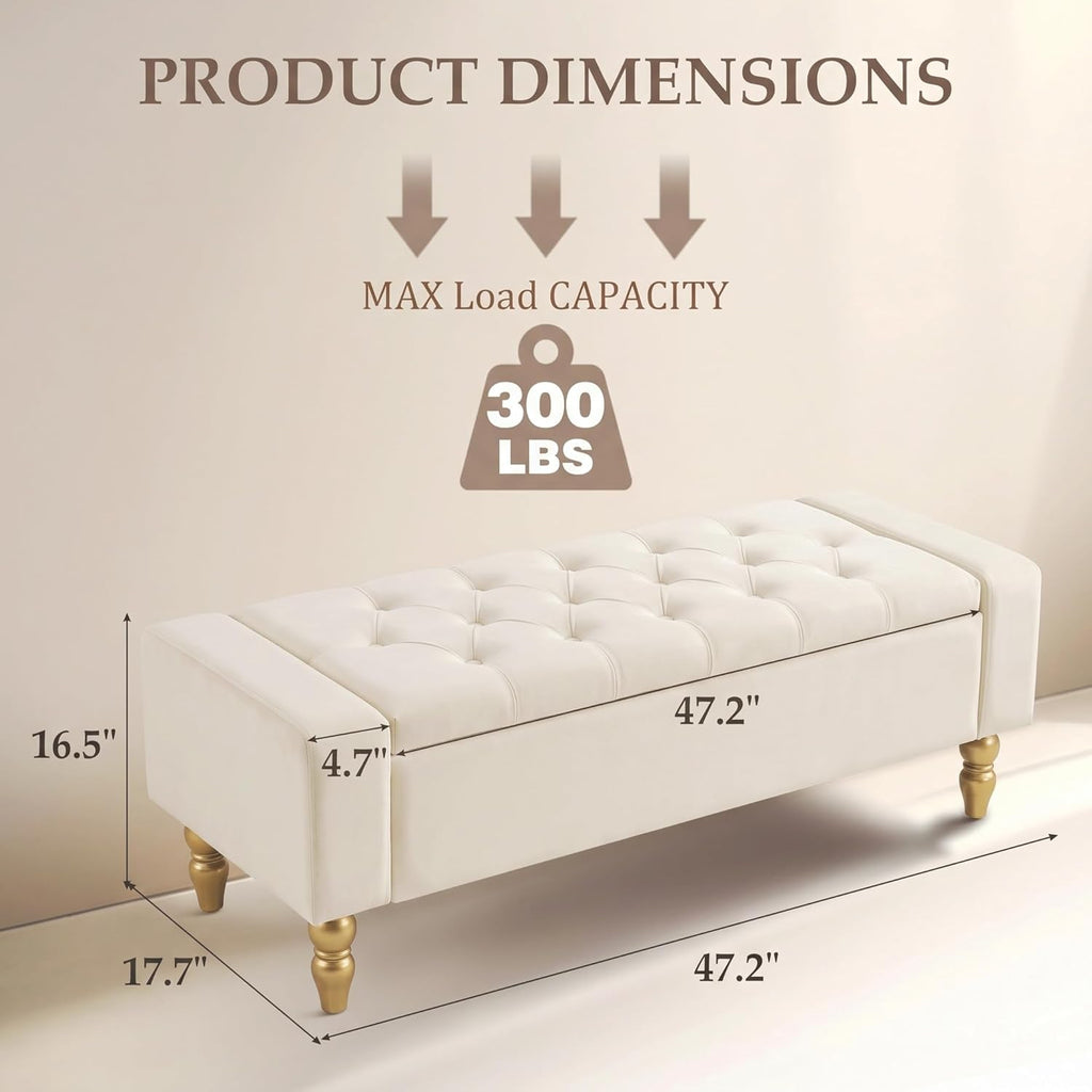 47 Inch Large Storage Ottoman Bench, Upholstered End of Bed Bench with Removable Lid, Diamond Tufted Seat, Wood Legs, Hidden Storage Organizer for Bedroom, Living Room, Entryway,Light Beige