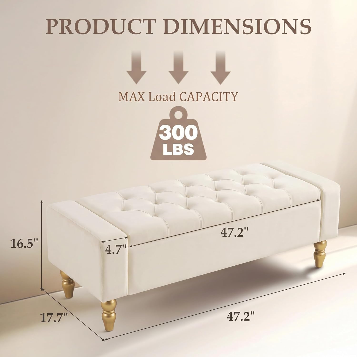 47 Inch Large Storage Ottoman Bench, Upholstered End of Bed Bench with Removable Lid, Diamond Tufted Seat, Wood Legs, Hidden Storage Organizer for Bedroom, Living Room, Entryway,Light Beige
