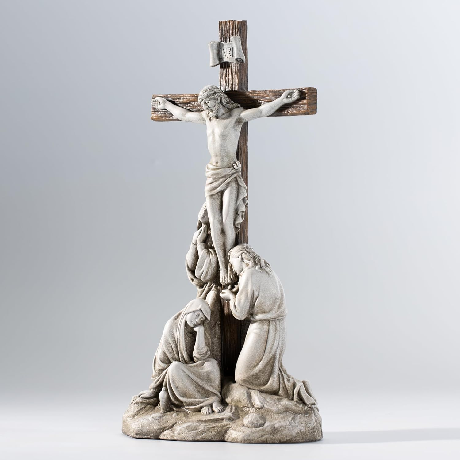 DevotedWalls Standing Crucifix Wall Cross, Catholic 12" H Crucifixion of Jesus Christ Scene Statue with Virgin Mary,Tabletop Cross for Easter(Stone Color)