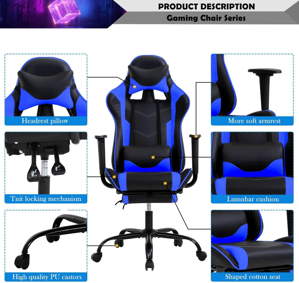 PC Computer Lumbar Support Headrest,High Back Racing Office Video Gaming Rolling Swivel Task Chair for Kids or Adults,Blue