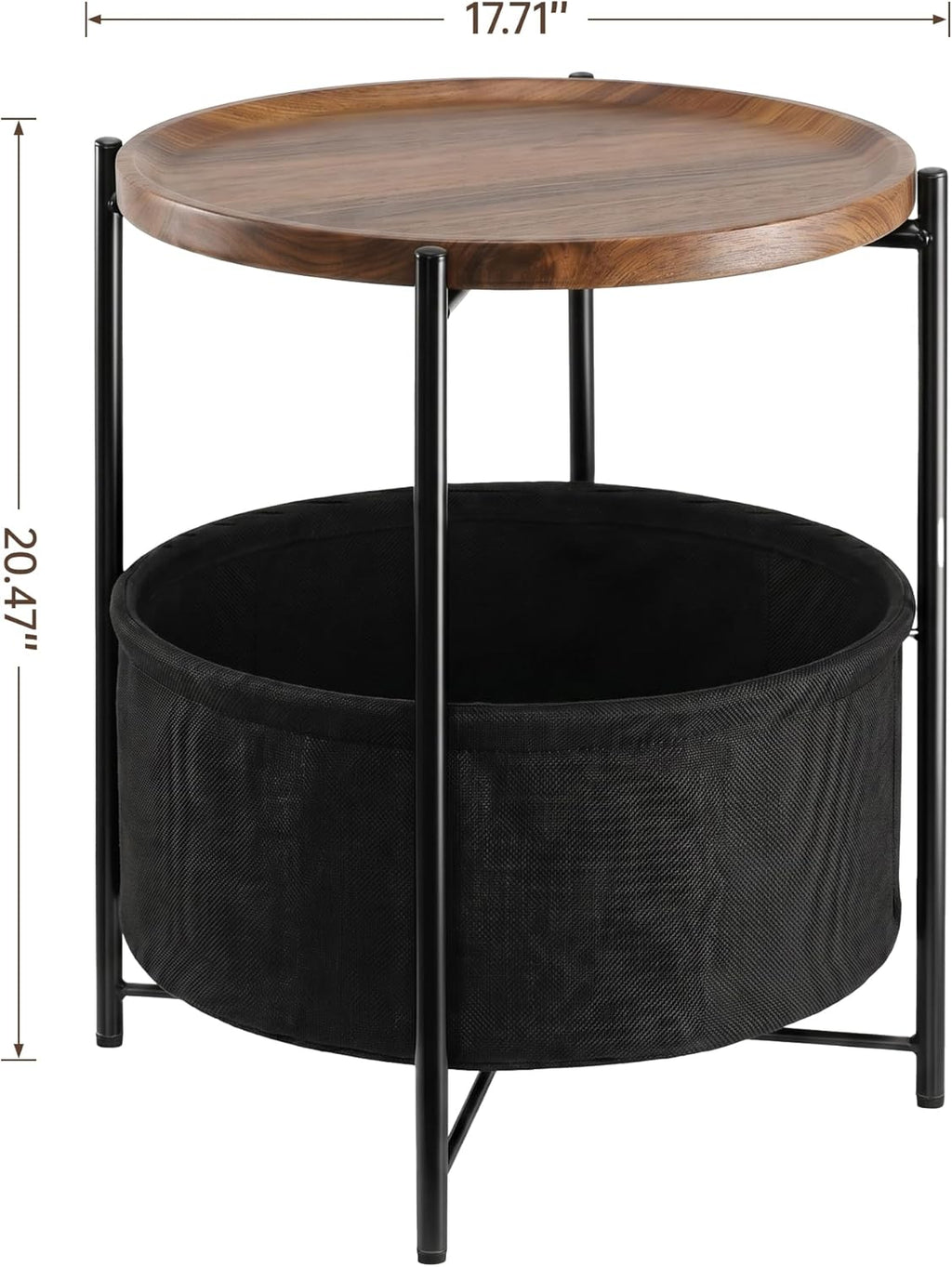danpinera Round Side Table, Folding Round Metal End Table Small Nightstand with Basket for Bedroom Living Room Bedside Small Spaces Walnut