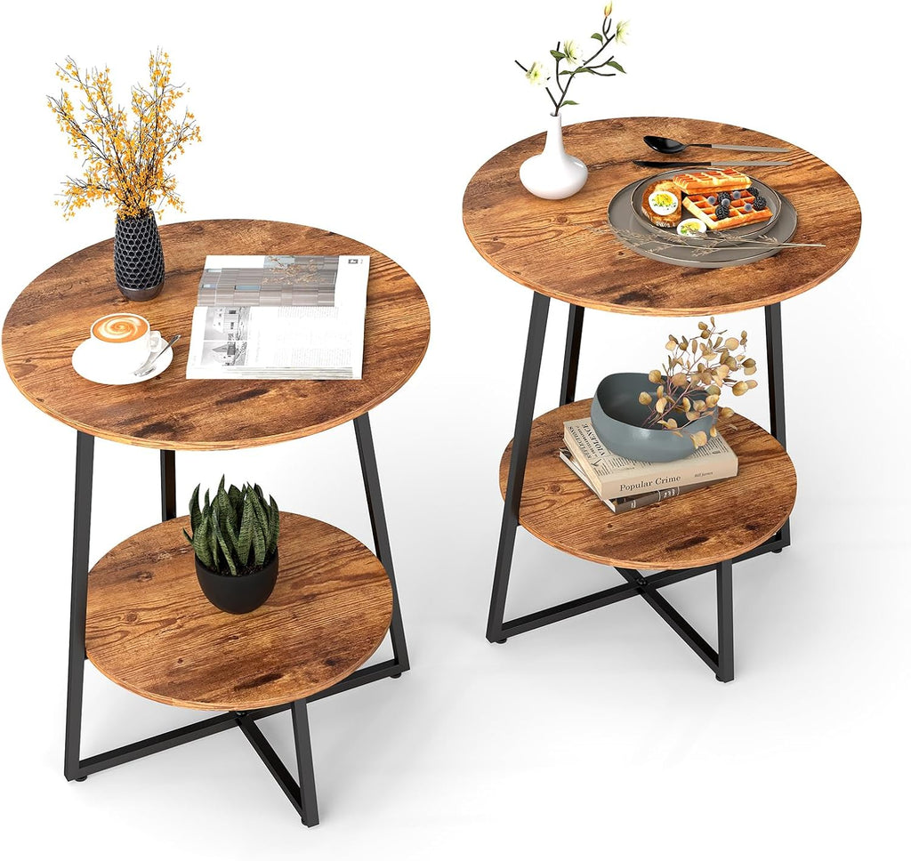 Round End Table - 23.6" H Side Table with Metal Frame, Industrial Accent Tables for Living Room Bedroom, Rustic Brown (2 Packs)