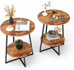 Round End Table - 23.6" H Side Table with Metal Frame, Industrial Accent Tables for Living Room Bedroom, Rustic Brown (2 Packs)