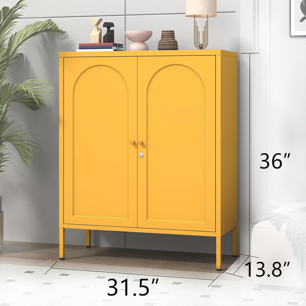 36" H Metal Sideboard Buffet Cabinet with Lockable Doors, Arched Door Design, 2 Adjustable Shelves, Cold-Rolled Steel Accent Storage Cabinet for Entryway, Living Room, Hallway Yellow