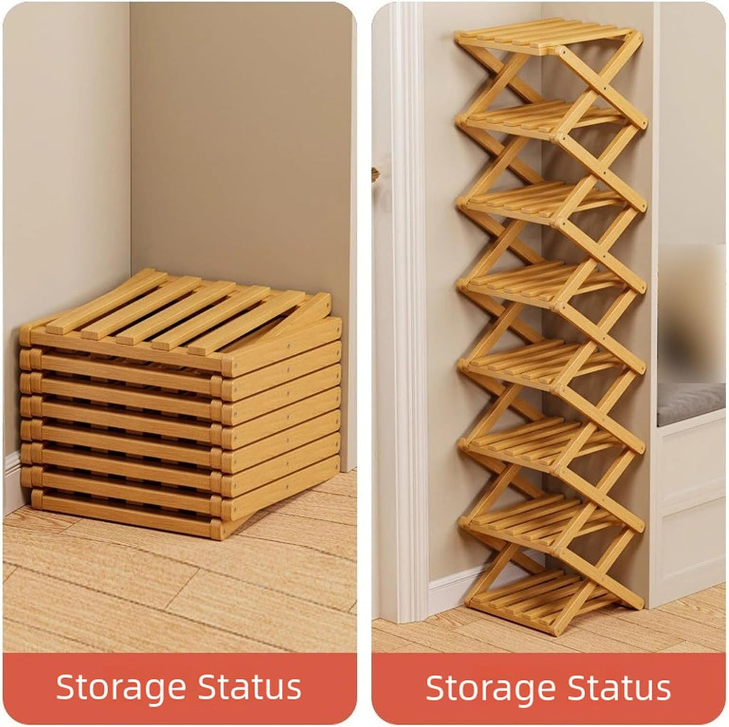 Foldable Shoe Rack, 1 Pack Multi Tier Bamboo Vertical Shoe Organizer Tall for Multifunctional Narrow Shoe Shelf, Space Saving Footwear Holder Unit for Entryway Closet Corner Hallway