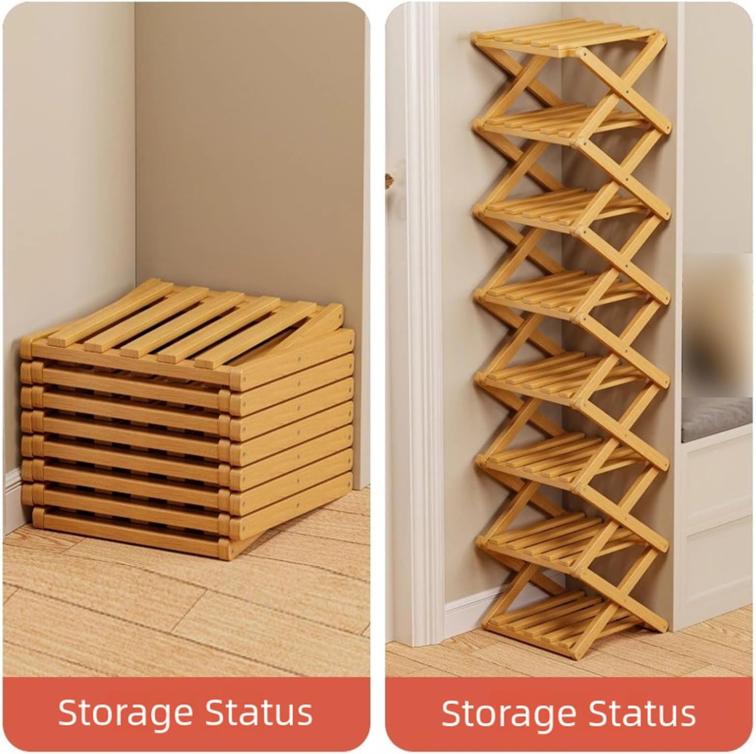Foldable Shoe Rack, 1 Pack Multi Tier Bamboo Vertical Shoe Organizer Tall for Multifunctional Narrow Shoe Shelf, Space Saving Footwear Holder Unit for Entryway Closet Corner Hallway