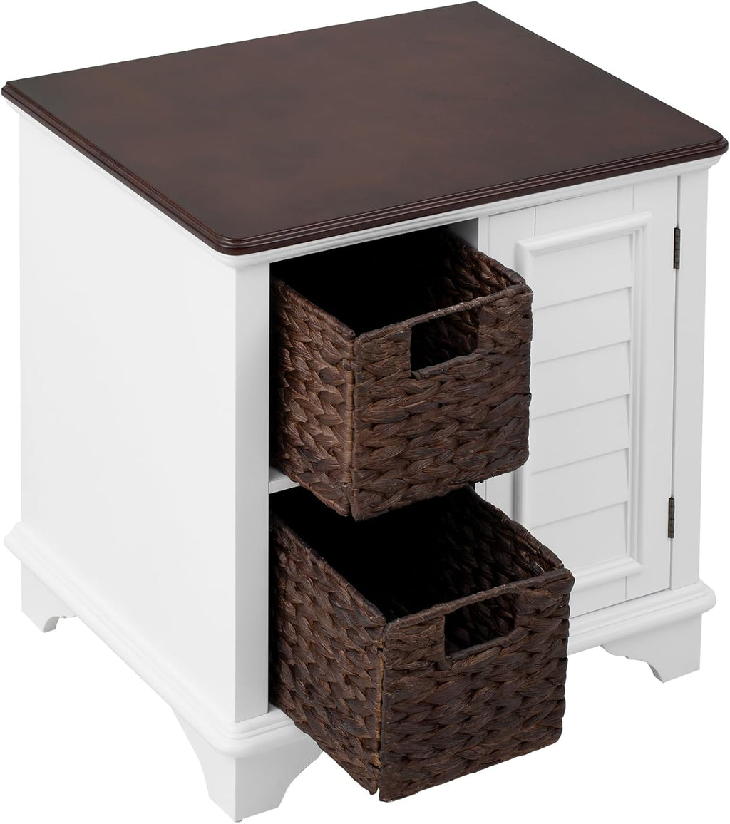 Virubi Farmhouse End Table with Two Handwoven Grass Baskets, American Style Side Table with Shutter Style Storage Cabinet for Living Room (White)