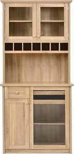 Farmhouse Kitchen Pantry Cabinet 35.4x17.7x74.8inch Freestanding Buffet with Hutch,Tall Kitchen Pantry Storage Cabinet with Wine Rack and Adjustable Shelves for Home Dining Living Room,Natural