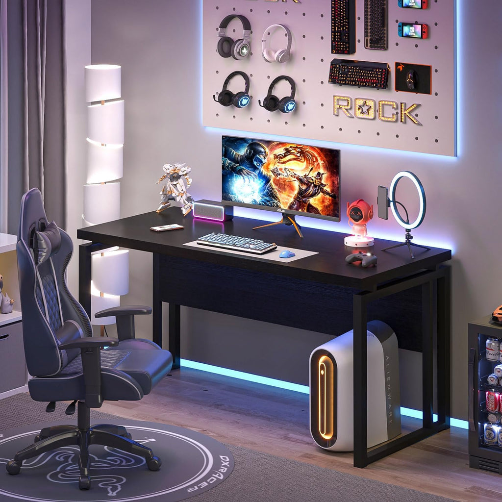 EXCEFUR Black Desk for Home Office, Modern Computer Desk, Wood and Metal Writing Study Table for Workstations, Living Room, Bedroom, 53 Inch