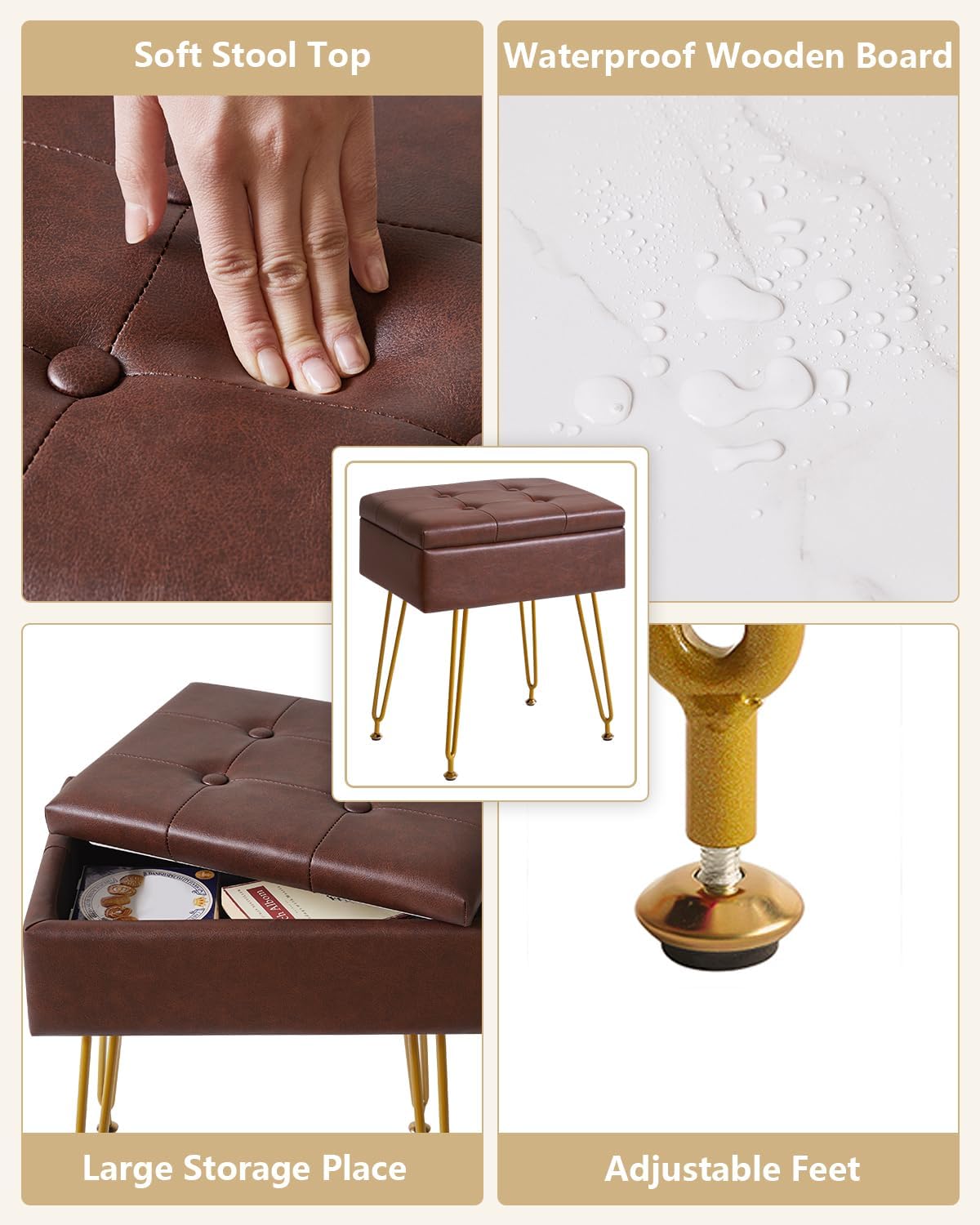IBUYKE Multifunctional Storage Vanity Stool with Flip Tabletop, Adjustable Metal Legs & PU Leather, 40x30x48cm, Ottoman Footrest for Makeup, Living Room, Entryway, Brown WBD014Z