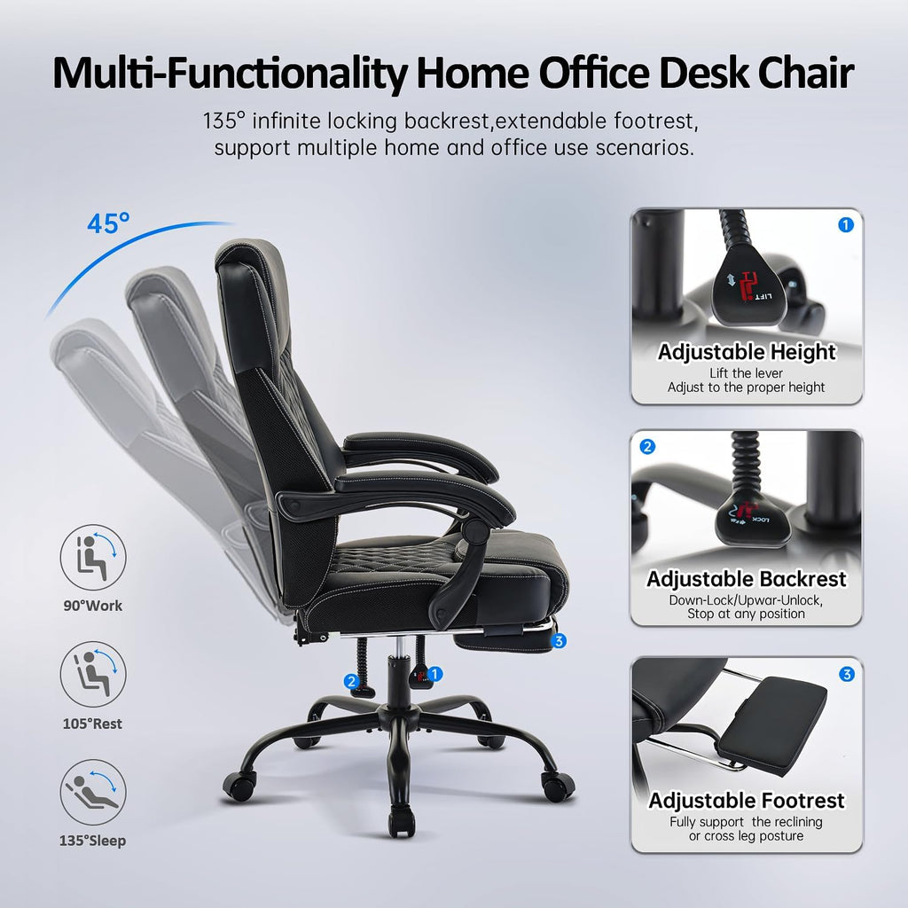 amseatec Big and Tall Office Chair with Footrest, Ergonomic Leather High Back Computer Chair Infinite Lock Reclining 90°-135°,20 Spring Packs,300lbs Executive Desk Chair for Home Office（Black）