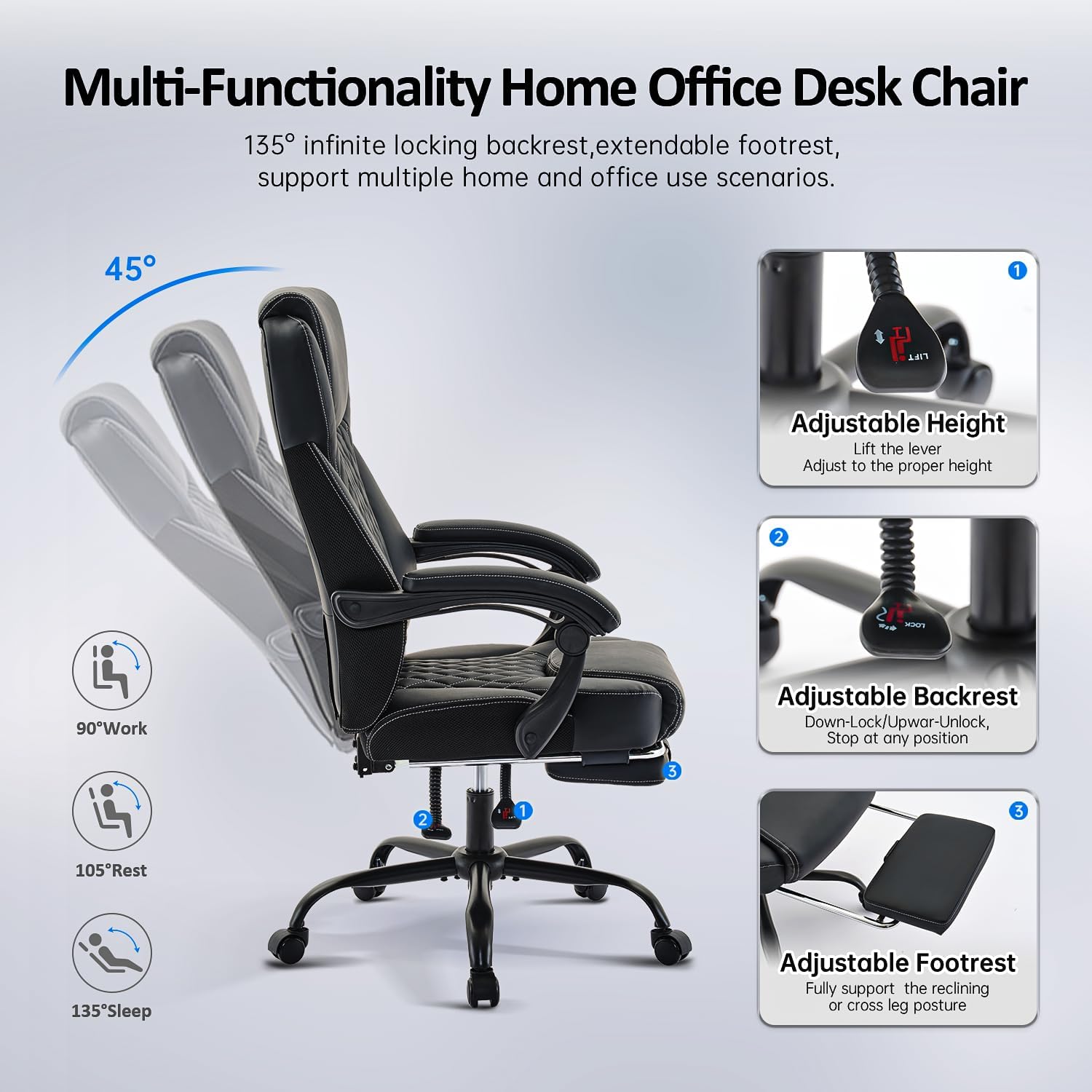 amseatec Big and Tall Office Chair with Footrest, Ergonomic Leather High Back Computer Chair Infinite Lock Reclining 90°-135°,20 Spring Packs,300lbs Executive Desk Chair for Home Office（Black）