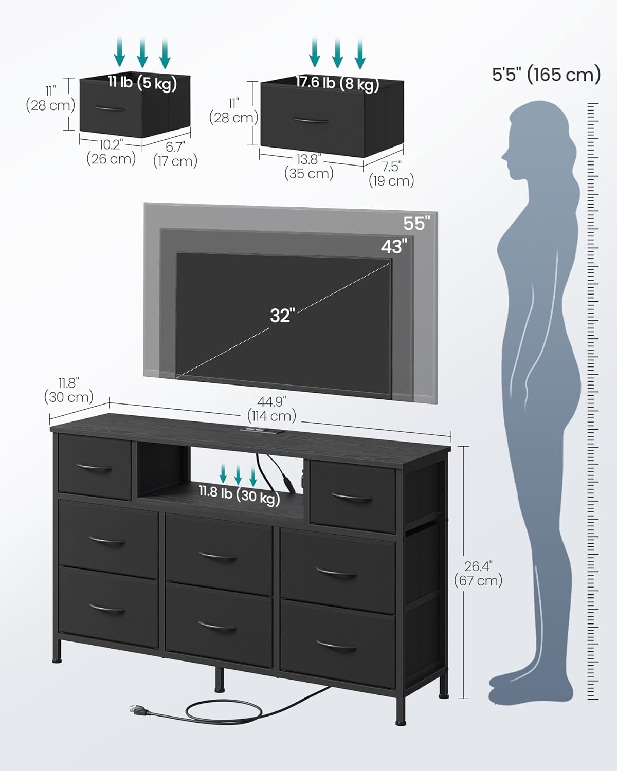 SONGMICS BELLAH Collection - Dresser for Bedroom with Outlets and LED Lights, TV Stand for TVs Up to 55 Inches, Chest of Drawers, 8 Drawers, Steel, Industrial, Modern, Ink Black ULGS433BH02S