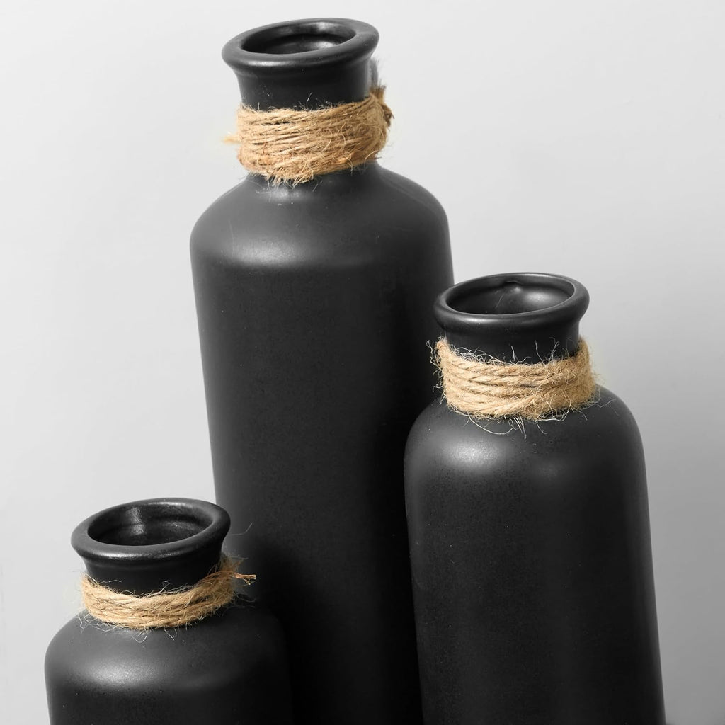 Matte Black Ceramic Vase Set, 3 Pcs Rustic Decorative Vases for Modern Farmhouse Office Home Decor, Living Room Centerpieces Decoration for Table Mantel Entryway Shelves Décor