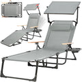 Outdoor Chaise Lounge Chair with 4-Position Adjustable Backrest,Patio Folding Sun Tanning Chair,Pillow & Cup Holder,Portable Recliner Sunbathing Lounger Chairs for Beach Garden (Grey with Shade)