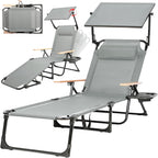 Outdoor Chaise Lounge Chair with 4-Position Adjustable Backrest,Patio Folding Sun Tanning Chair,Pillow & Cup Holder,Portable Recliner Sunbathing Lounger Chairs for Beach Garden (Grey with Shade)