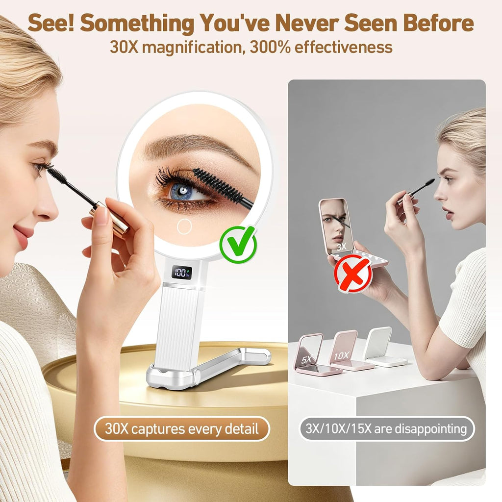 30X Travel Magnifying Mirror with Light, Height Adjustable Vanity Mirror with Phone Holder Stand, Portable Compact Handheld Makeup Mirror with Smart Display for Travel, Bedroom & Daily Makeup Use