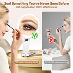 30X Travel Magnifying Mirror with Light, Height Adjustable Vanity Mirror with Phone Holder Stand, Portable Compact Handheld Makeup Mirror with Smart Display for Travel, Bedroom & Daily Makeup Use