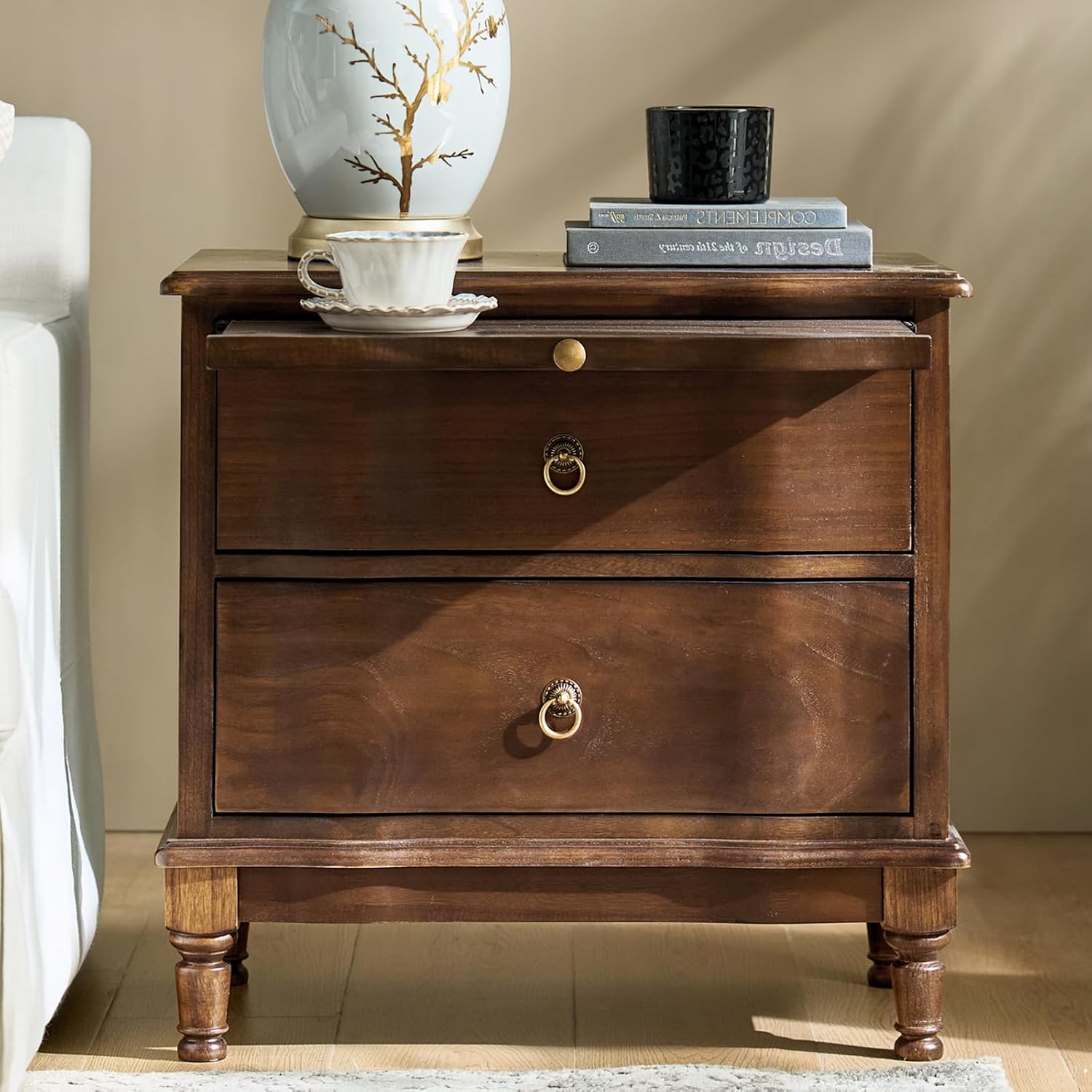 Traditional Solid Wood End Table with Charging Station, USB & Type C Ports, Curved Side Table with 2 Drawers & Pull-Out Tray, Accent Living Room Beside Tables, Walnut