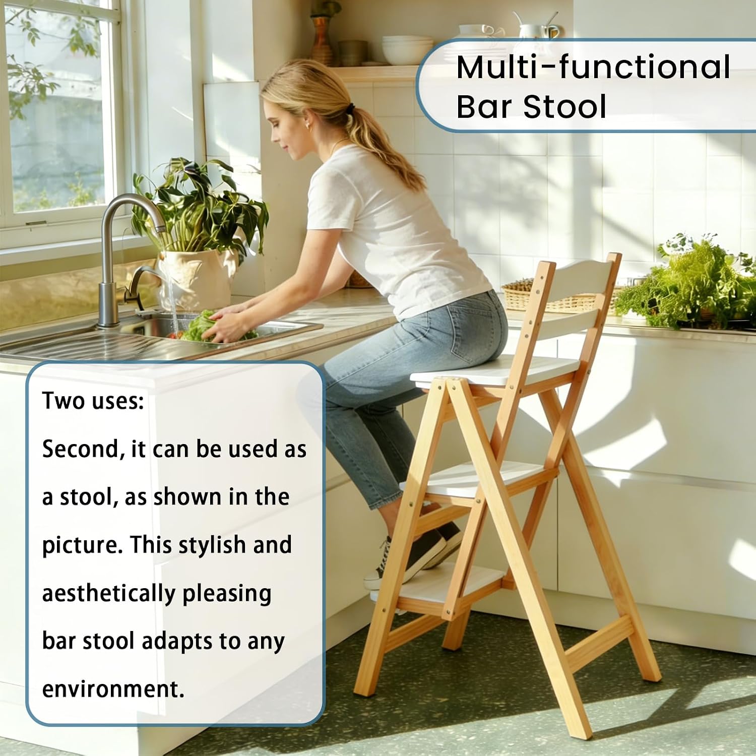 Wooden Folding Step Stool Chair, Solid Pine Wood 3-Step Ladder Stool with Seat, Multi-Purpose Step Chair for Kitchen, Home, Pantry or Bar Use(Wooden)