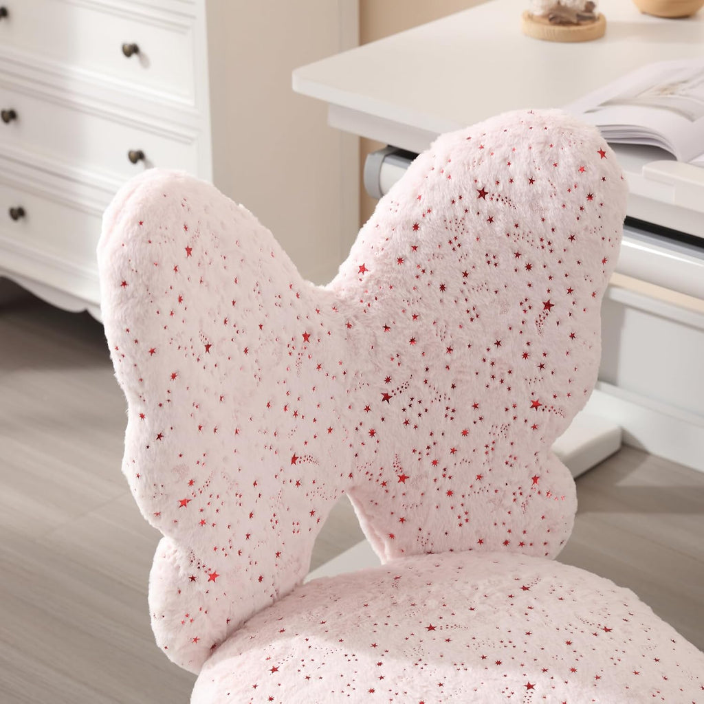 Kmax Kids Desk Chair, Faux Fur Butterfly Chair with Wheels Adjustable Fuzzy Kids Office Chair Cute Swivel Childrens Chair for Bedroom Reading Room - Pink