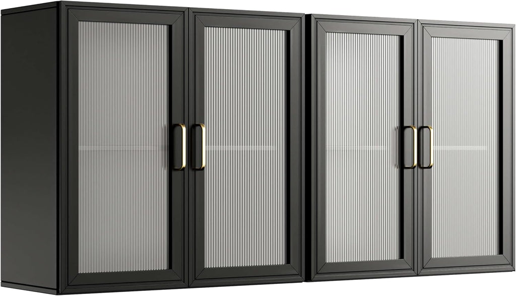 24”W Wall Cabinet with Acrylic Glass Doors Set of 2, Kitchen Wall Cabinets with Adjustable Shelf, Laundry Room Wall Mounted Cabinet, Bathroom Wall Cabinet with Light(Black)