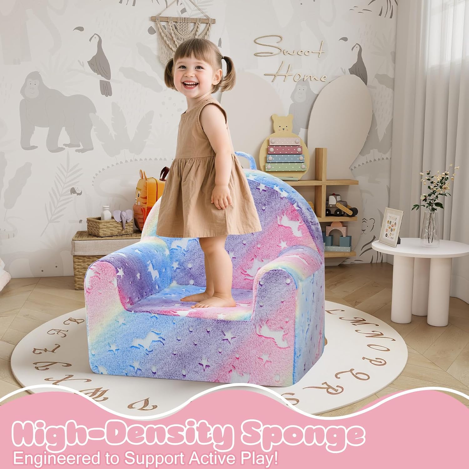 MeMoreCool Comfy Kids Chair for Ages 3+, Glow Unicorn Kids Reading Chair, Soft Plush Kids Armchair, Cozy Foam Kids Armchair for Kids Room, Living Room, Playroom, Reading Nook