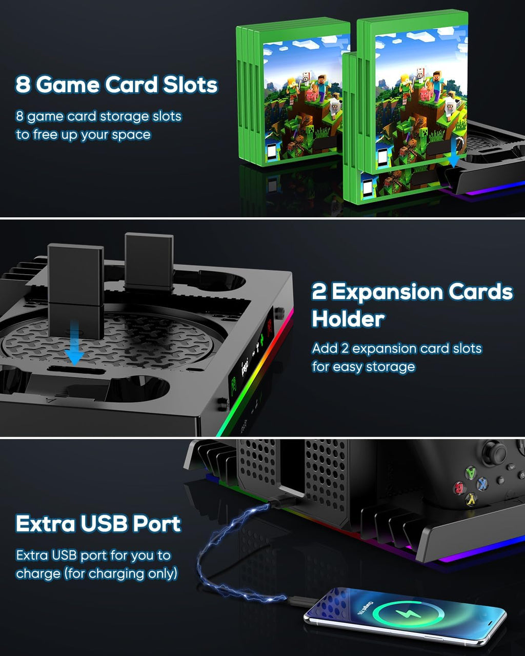 MENEEA Upgraded Cooling Fan Charging Station for Xbox Series X Console & Controller, Dual Charger Dock & Cooler System Stand with 15 Colorful Lights for Xbox Series X Accessories Kit