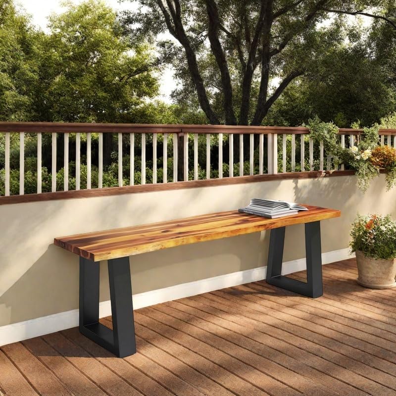 ERGOMASTER Outdoor Bench, 57.5" Acacia Wooden Dining Bench with Steel Legs, 1 Pack