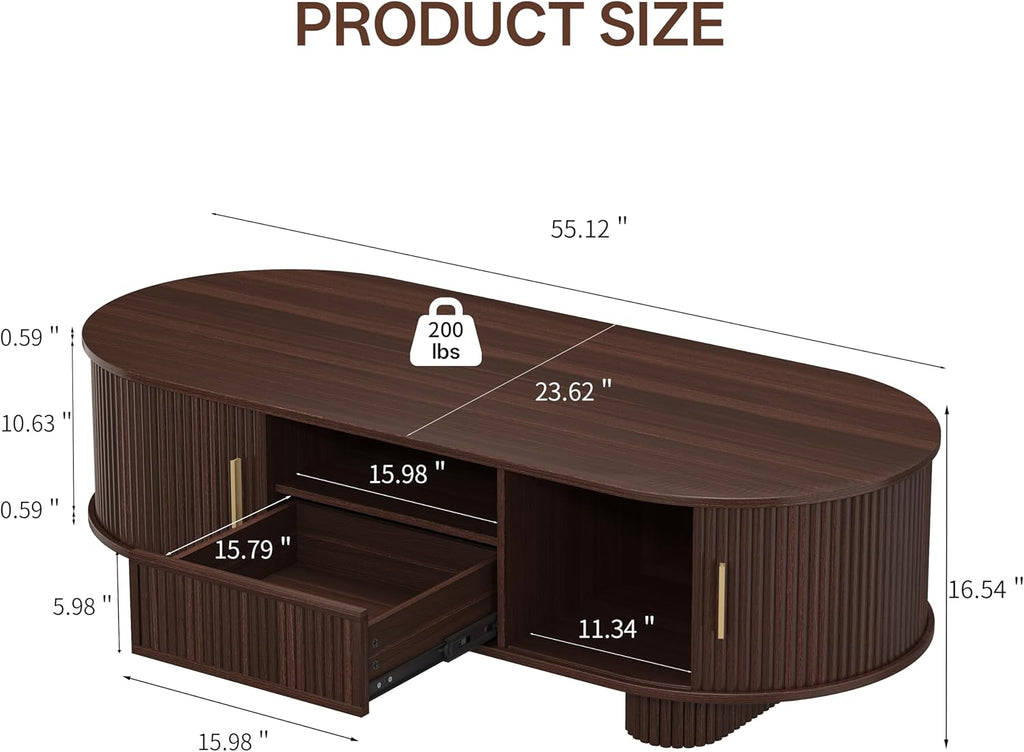 55.1" Oval Coffee Tables with Storage,Fluted Mid Century Modern Center Table with Drawer,Accent Coffee Table with Sliding Door for Living Room Small Space (Walnut)