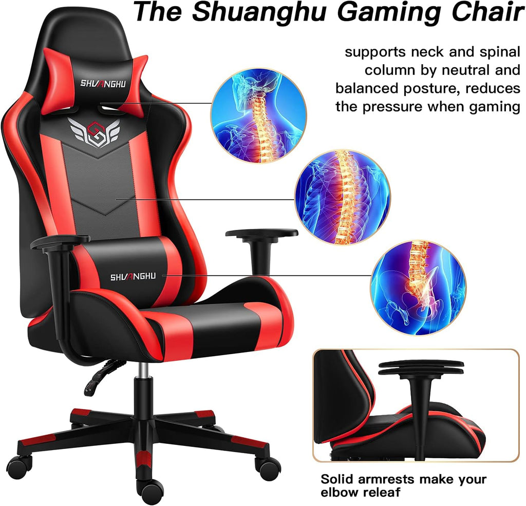 Gaming Chair Office Chair Ergonomic PC Computer Chair Reclining Racing Chair with Headrest and Lumbar Support Gaming Chair for Adults Men Women Teens Desk Chair (Black+red)