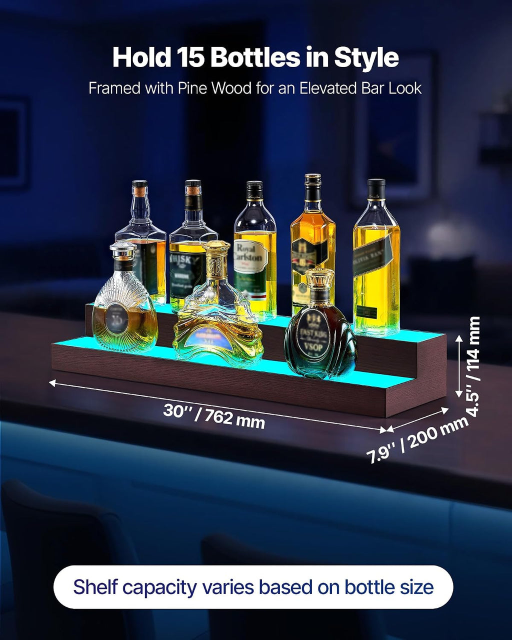 VEVOR LED Lighted Liquor Bottle Display, 2-Tier 30-Inch Whiskey Rack, Support USB, Illuminated Home Bar Shelf with RF Remote & App Control, 7 Static Colors, Acrylic+ Wood Lighted Shelf for 15 Bottles
