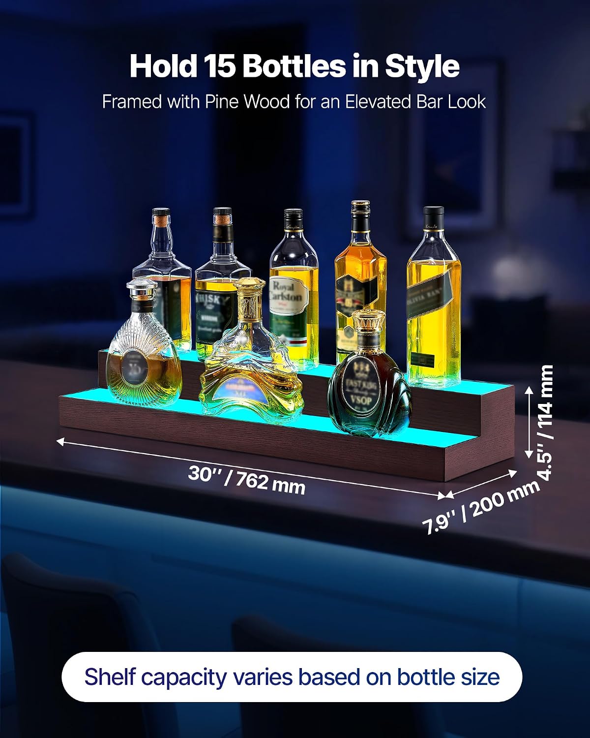 VEVOR LED Lighted Liquor Bottle Display, 2-Tier 30-Inch Whiskey Rack, Support USB, Illuminated Home Bar Shelf with RF Remote & App Control, 7 Static Colors, Acrylic+ Wood Lighted Shelf for 15 Bottles