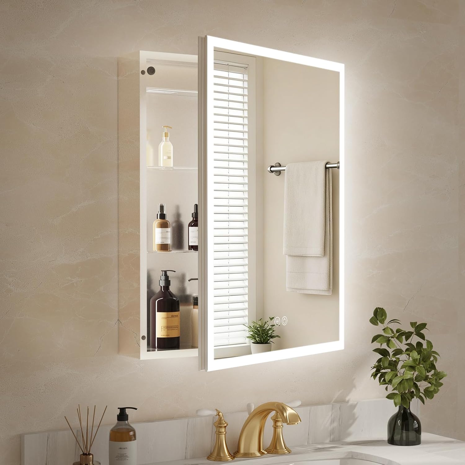 Lighted Medicine Cabinet with Mirror 20x26 IN, LED Medicine Cabinet Mirror with 3-Colors Dimmable Light, Defog, Medicine Cabinet with Lights Built-in Sensing Light, 2 Outlets, Recessed or Wall Mount