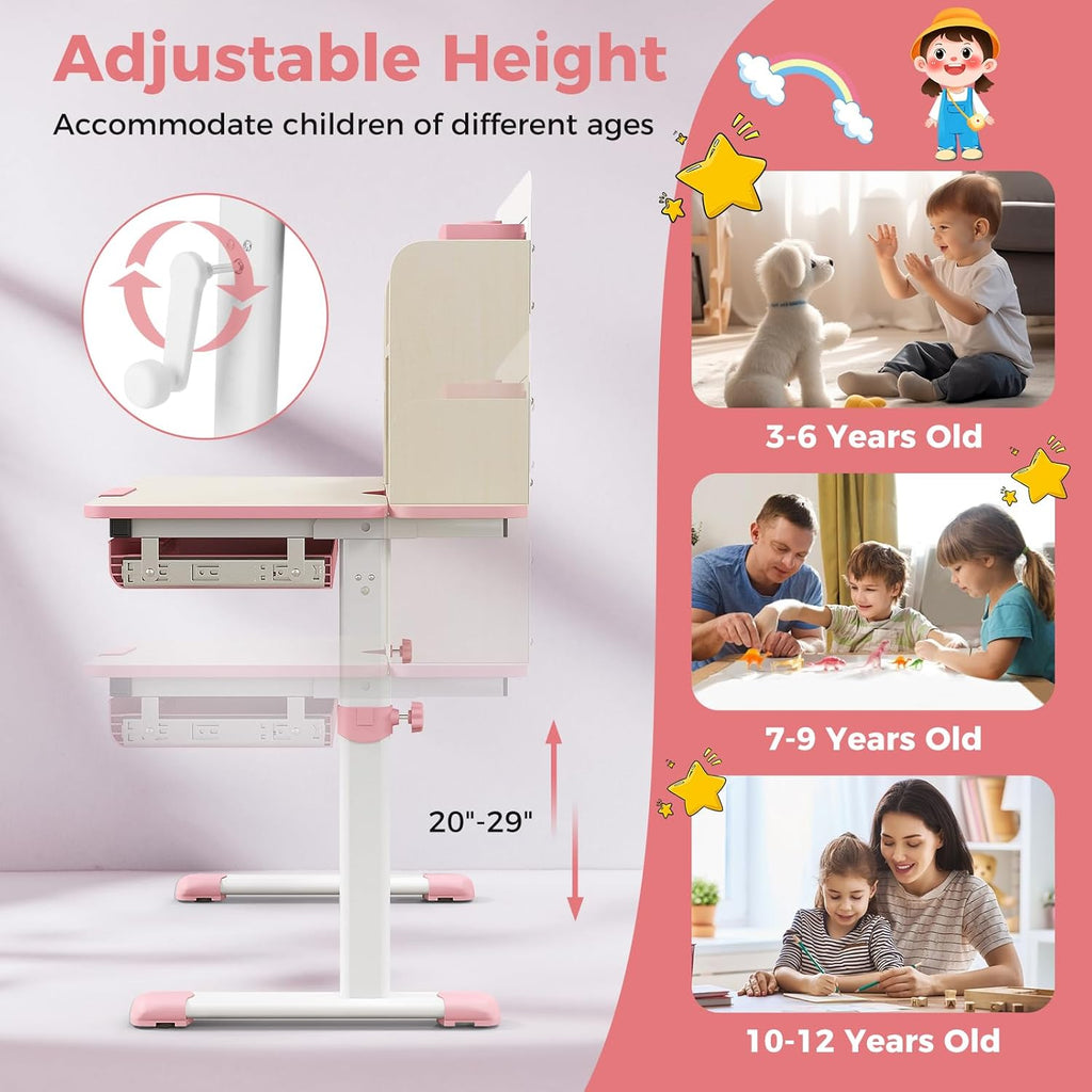 HONEY JOY Kids Desk, Children School Study Desk w/ 7-Level Tiltable Desktop, Height Adjustable Table w/Bookshelf, Pull-Out Drawer & Pen Holder, Student Writing Workstation, Desk for Girls Boys (Pink)