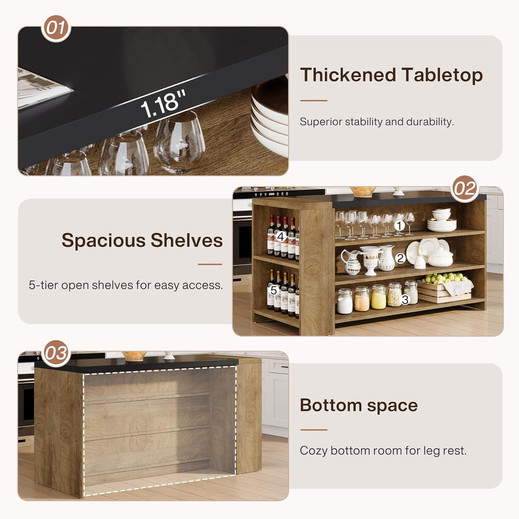 Tribesigns 55" Kitchen Island with Storage, Farmhouse 5-Tier Stationary Island Table with 5 Shelves, Wood Coffee Bar Table Storage Cabinet with Large Countertop for Kitchen, Vintage Brown