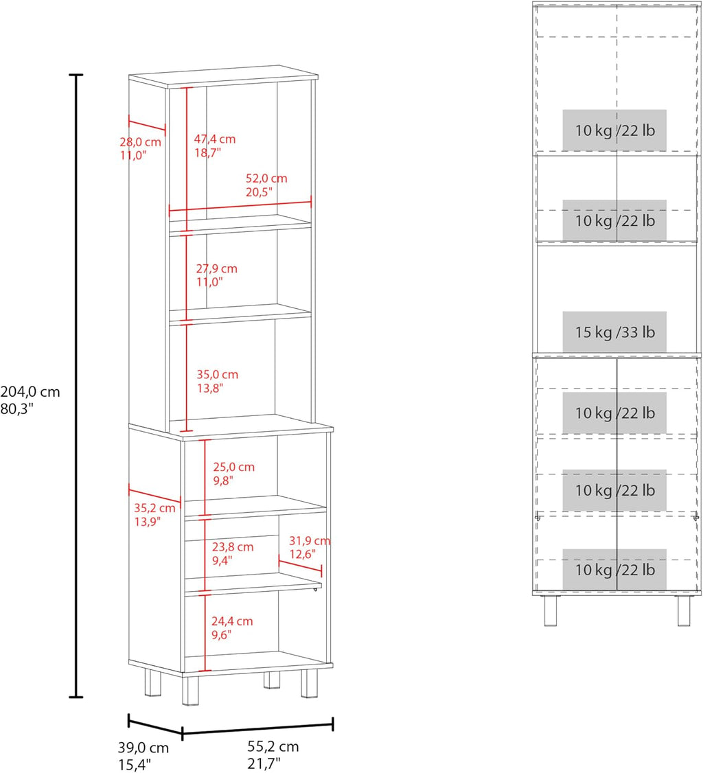 Kitchen Pantry with 2 Pneumatic Door, Open Storage, and Bottom Cabinet, White.