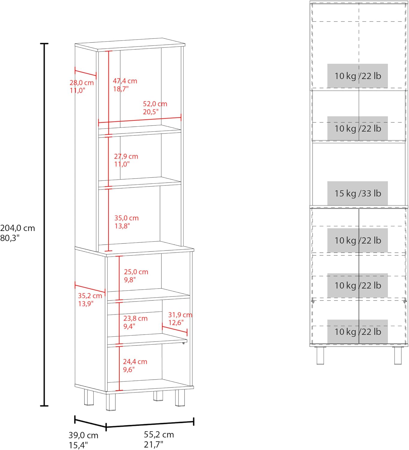 21.7" D*15.4" W*80.3" H Freestanding Kitchen Pantry with 4 Shelves, Top Single Door & Lower Double Door, Rectangular Storage Cabinet, Modern Minimalist, for Living Room, Dining Room, White