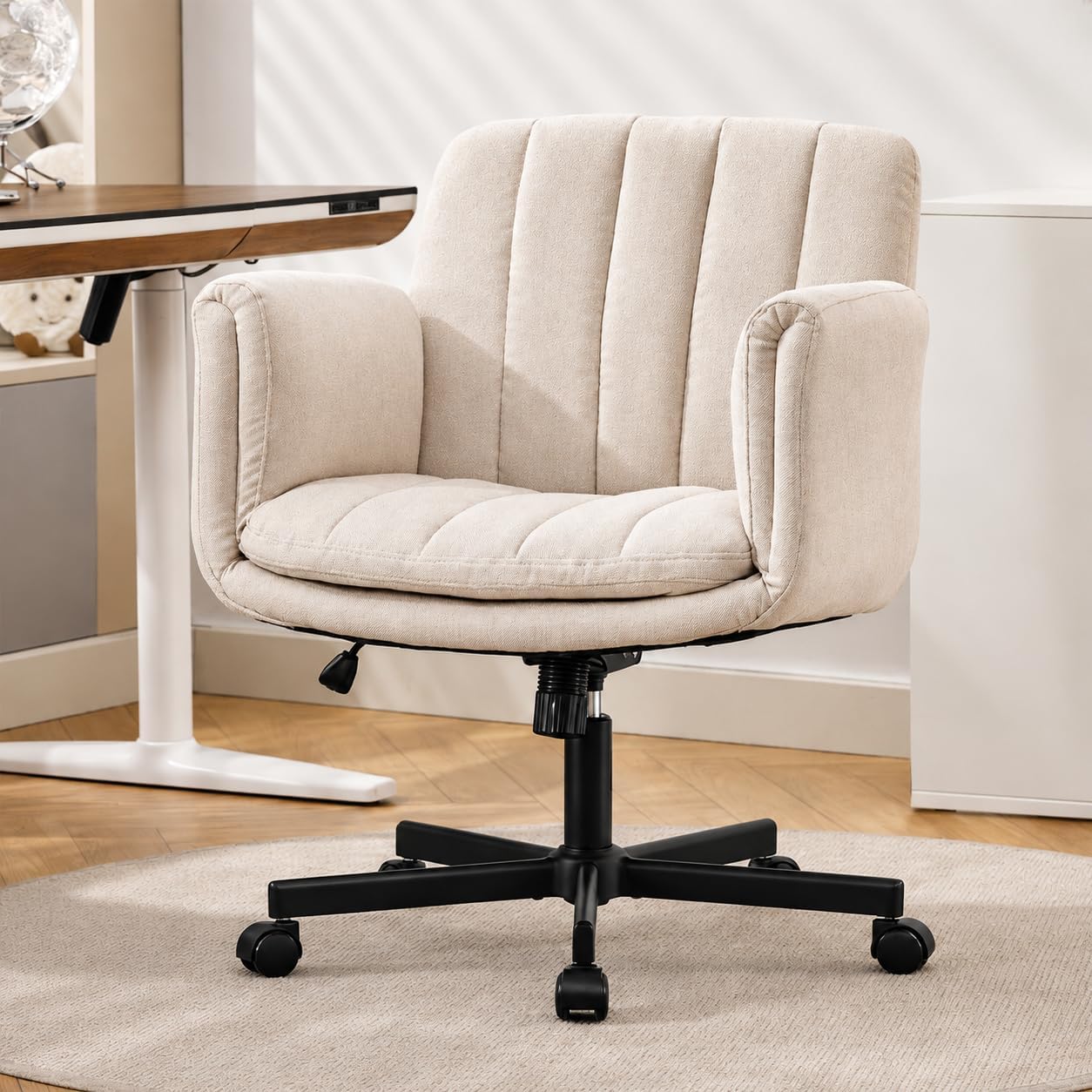 Criss Cross Office Chair with Wheels and Arms, Vanity Chair with Back, Comfy Swivel Cross Legged Office Chairs for Ultimate Comfort and Support, Unique Multifunctional Stylish Arms (Fabric Beige)