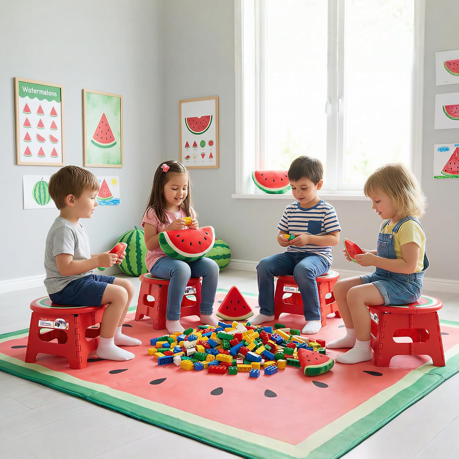 ACSTEP 9 Inch Folding Step Stool for Kids, Sturdy Collapsible Step Stool Foldable Up to 300 lbs for Toddlers, Non Slip Foot Stools with Handle for Kitchen, Bathroom, Bedroom, Outdoor, Watermelon Red